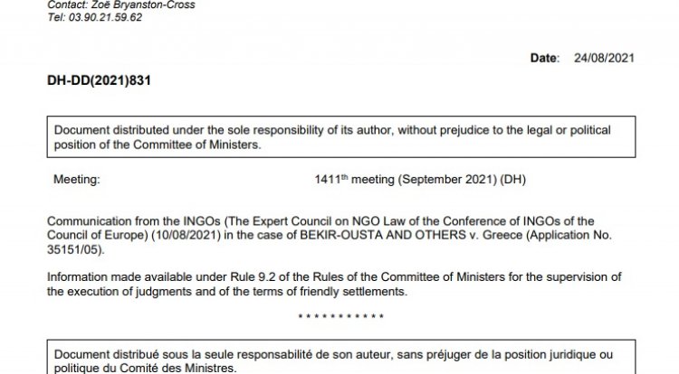  Επιστολή από την Διάσκεψη των Διεθνών ΜΚΟ του Συμβουλίου της Ευρώπης προς την Επιτροπή των Υπουργών σχετικά με τον Μπεκίρ Ουστά.