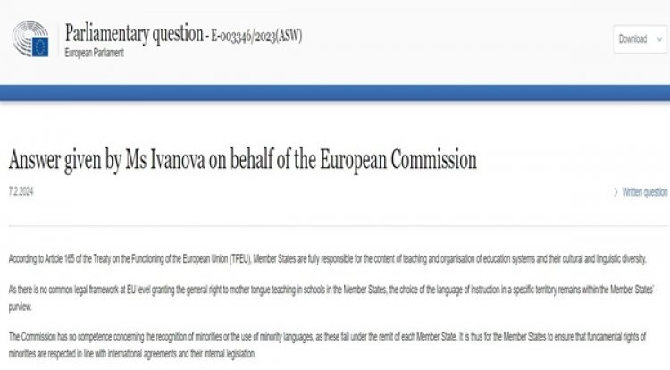 Antwort der Europäischen Kommission auf die parlamentarische Anfrage über die Erzwingung der Einführung des Doppelschichtunterrichts an der Sekundar- und Oberschule der türkischen Volksgruppe in Xanthi 