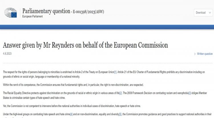 Answer from the European Commission to the question for written answer on hate speech against the Turkish community in Western Thrace