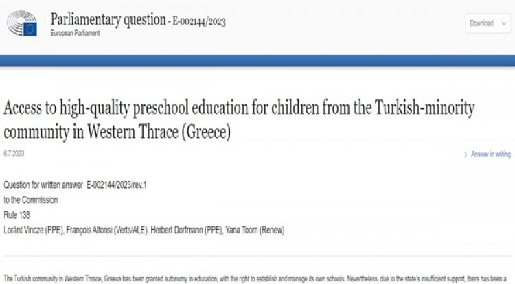 Batı Trakya Türk toplumunun eğitim sorunlarına dair soru önergesine AB Komisyonu’ndan yanıt