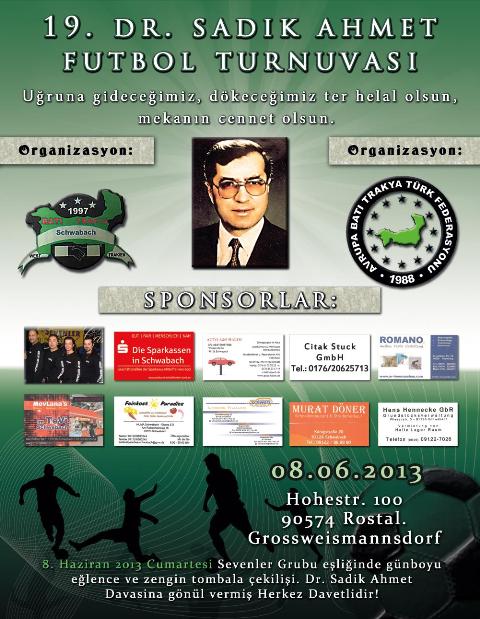 19. Dr. Sadık Ahmet Futbol Turnuvası 8 Haziran’da, Schwabach’ta