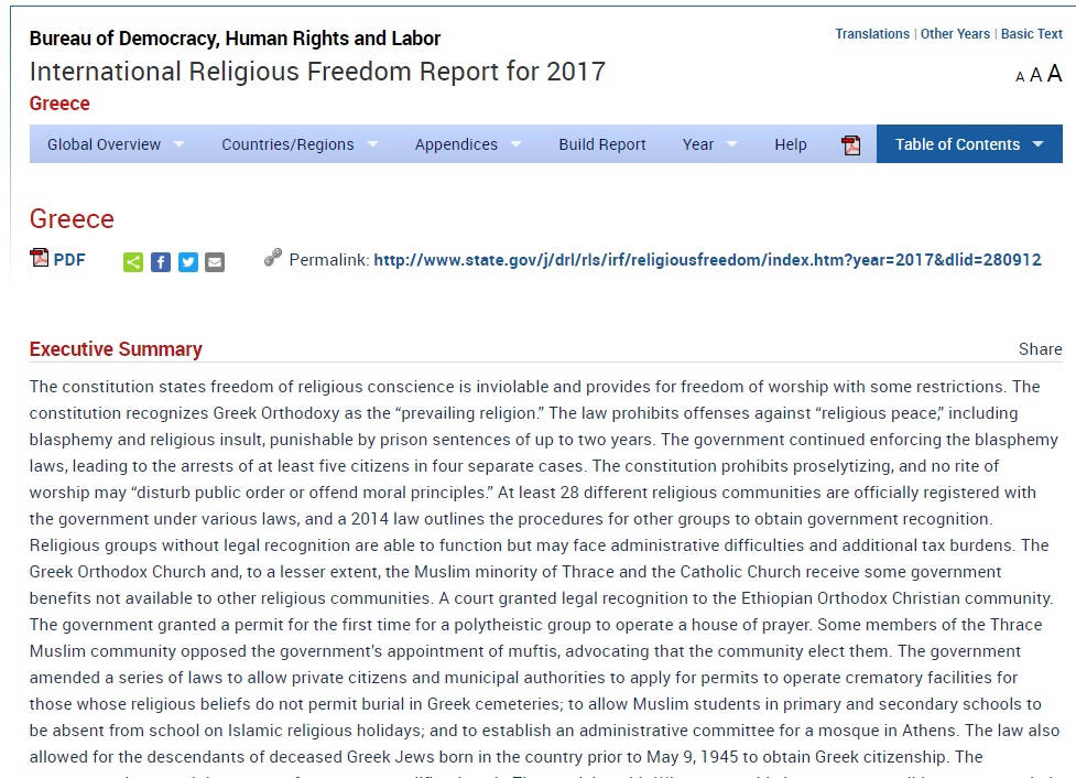 US State Department released International Religious Freedom Report