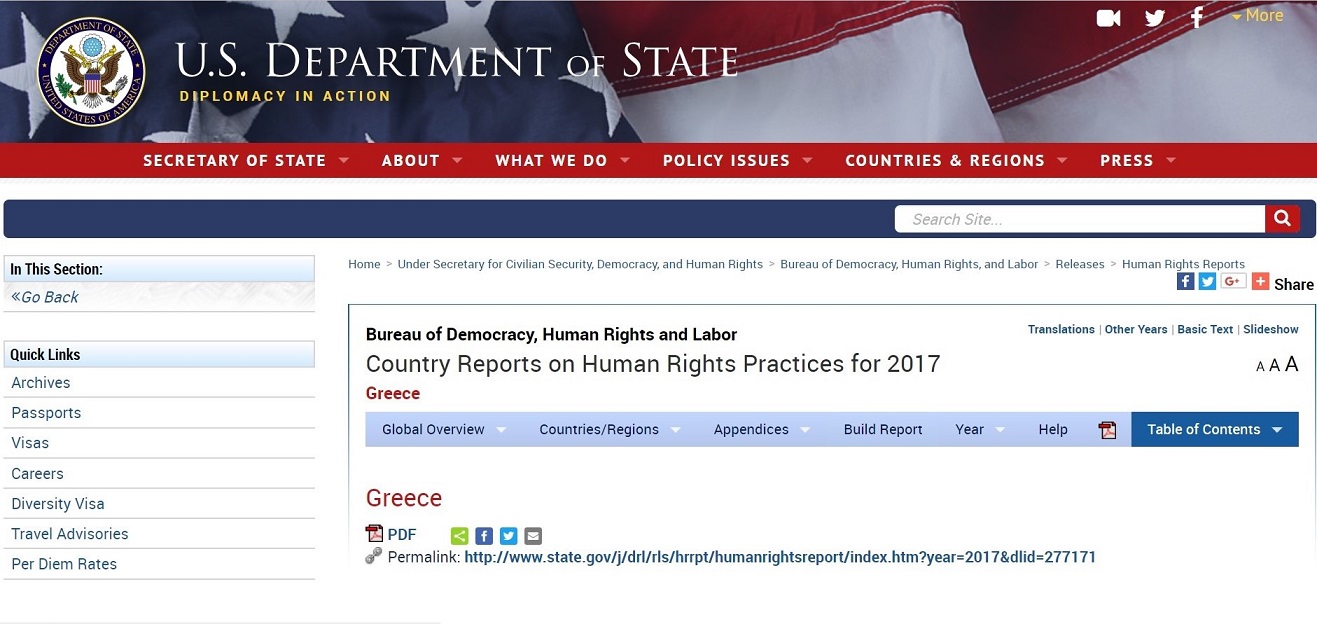 Greece 2017 Human Rights Report by U.S. Department of State released