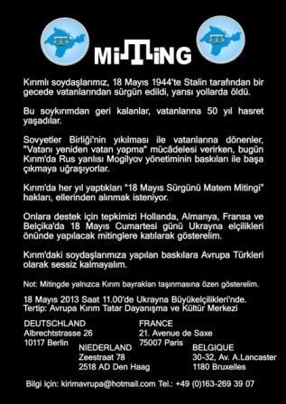 Kırımlı soydaşlar Avrupa’da 18 Mayıs Sürgünü Matem Mitingi düzenleyecek