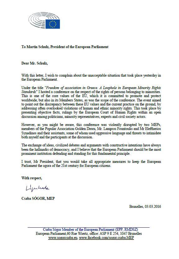 AP Milletvekili Csaba Sogor’dan Altın Şafak milletvekilleri ile ilgili AP Başkanı’na mektup 