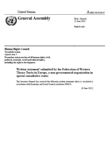 ABTTF hat bei der 20. Sitzung des UN-Menschenrechtsrats die Probleme der türkischen Frauen in West-Thrakien zur Sprache gebracht