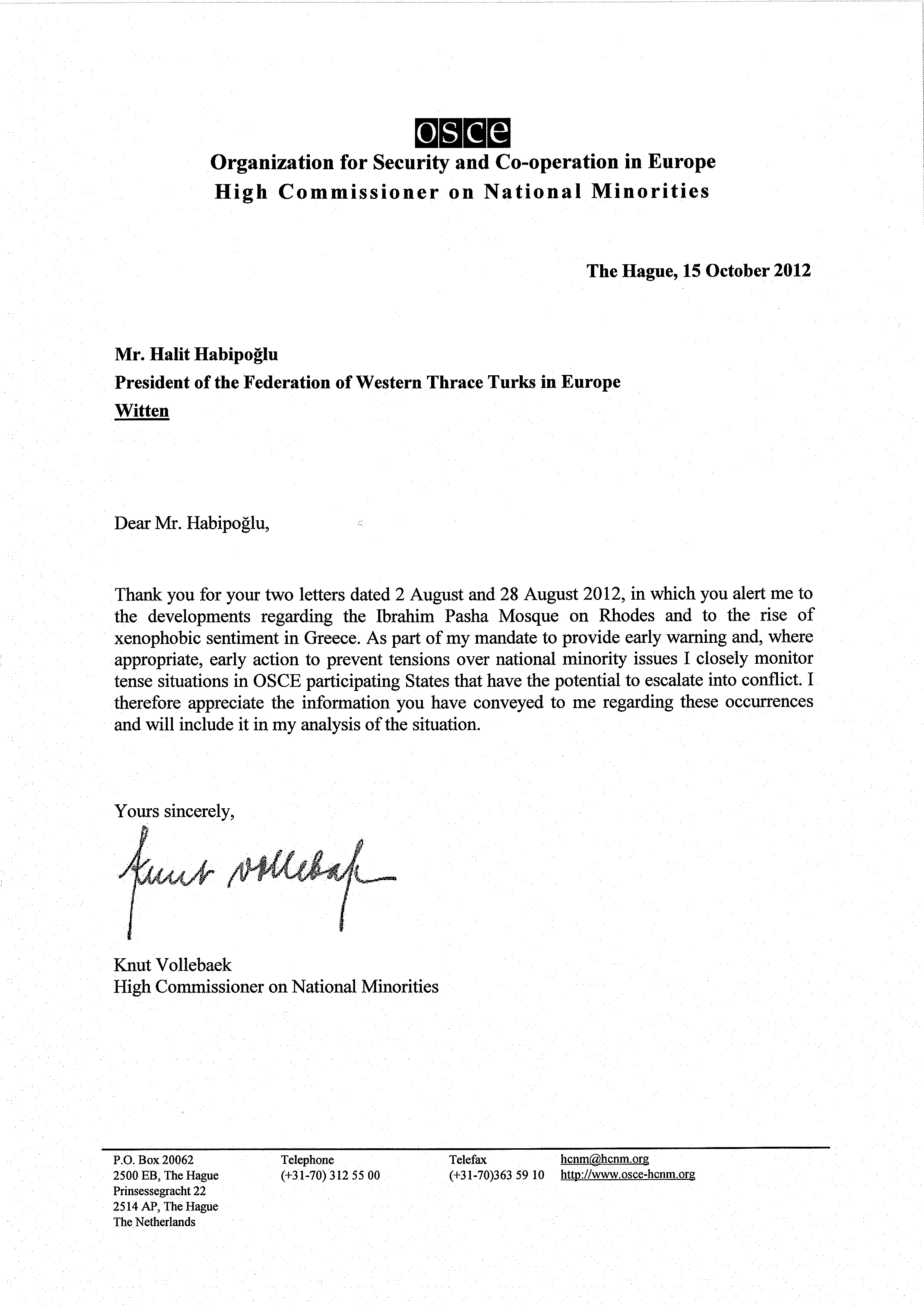 Antwort des OSZE-Hochkommissars für nationale Minderheiten Vollebaek an ABTTF