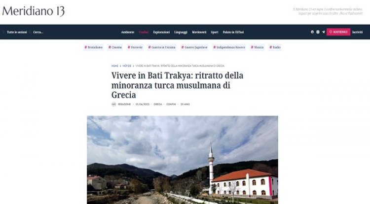 İtalyan kültür dergisi “Meridiano 13”te Batı Trakya Türk toplumu hakkında makale