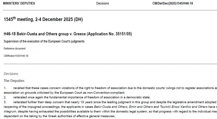 Avrupa Konseyi Bakanlar Komitesi, Yunanistan’ın Bekir Usta ve Diğerleri Dava Grubu ile ilgili AİHM k...