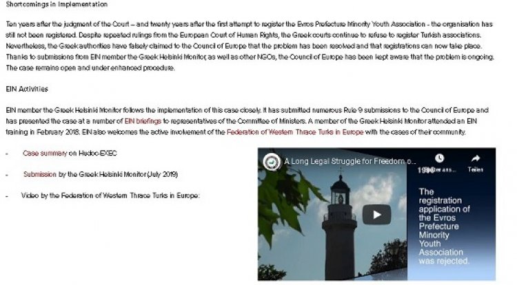 ABTTF’nin İskeçe Türk Birliği’nin hukuk mücadelesini anlatan videosu EIN’in internet sayfasında